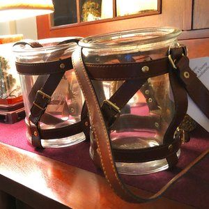 Lot of Equestrian Bridle Leather Glass Lantern Jar